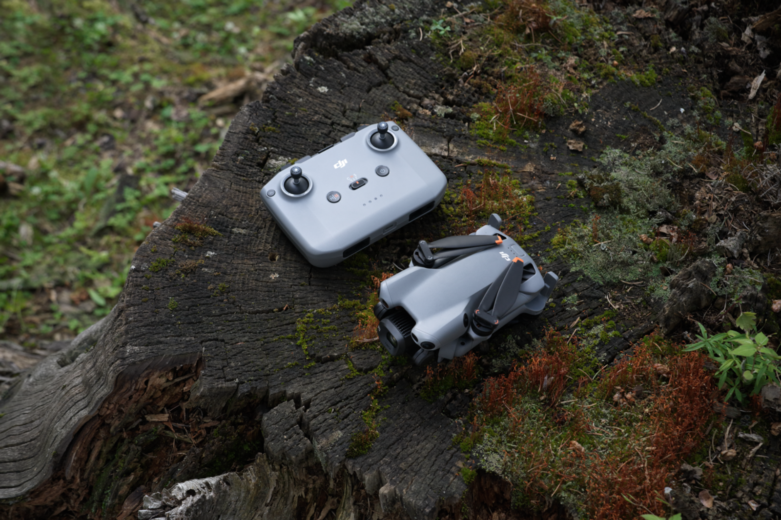 Opgevouwen DJI-drone en bijhorende controller op een met mos bedekte boomstronk in een bos.