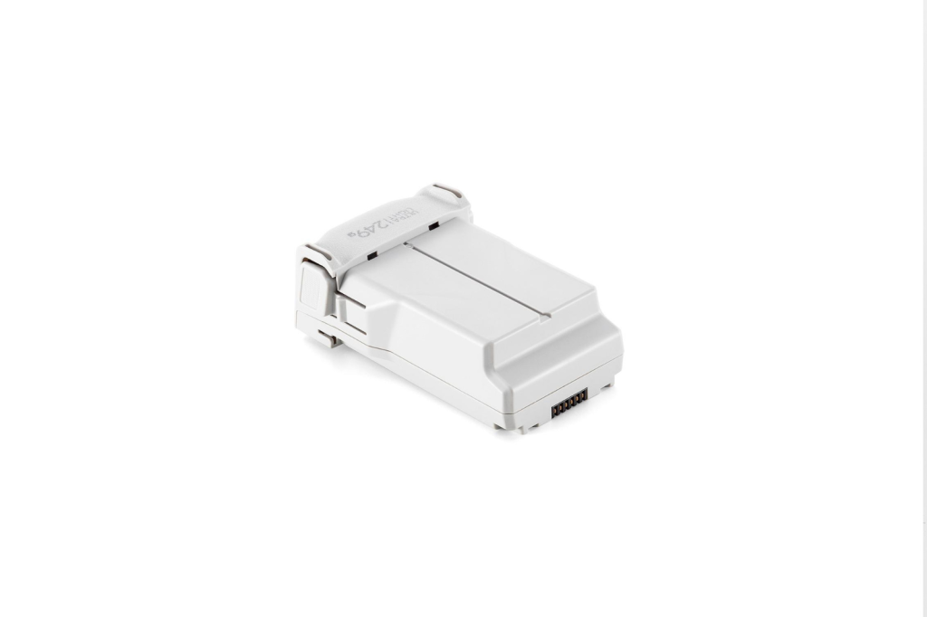 Witte DJI Ultra Light-drone-accu van 249 gram met zichtbare contactpunten.