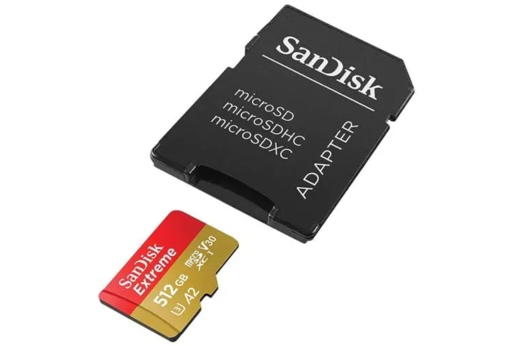 SanDisk Extreme microSD-kaart van 512 GB met V30-classificatie en bijgeleverde SD-adapter.
