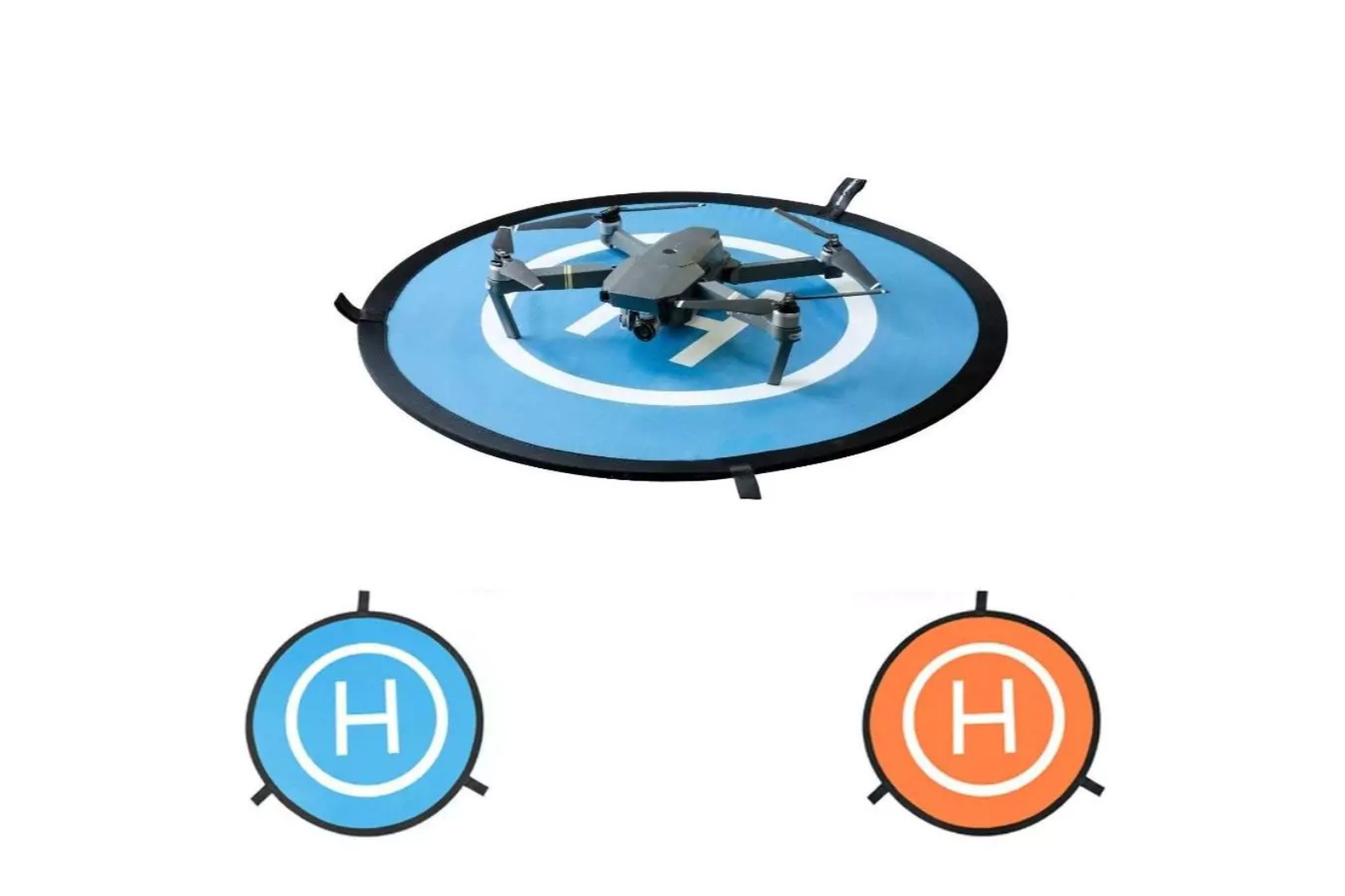 Opvouwbaar drone-landingsplatform met blauwe en oranje zijde en een drone die erop staat.